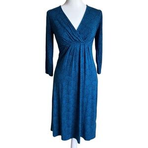 Boden Jersey Stretch Faux Wrap Blue Scallop Midi Dress Fit & Flare Empire Waist